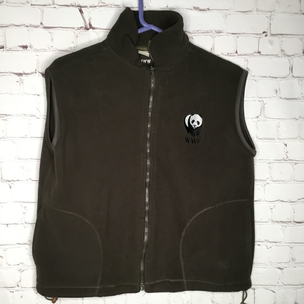 WWF Women's World Wildlife Federation Khaki‎ Panda Fleece Zip Up Vest Size M/L